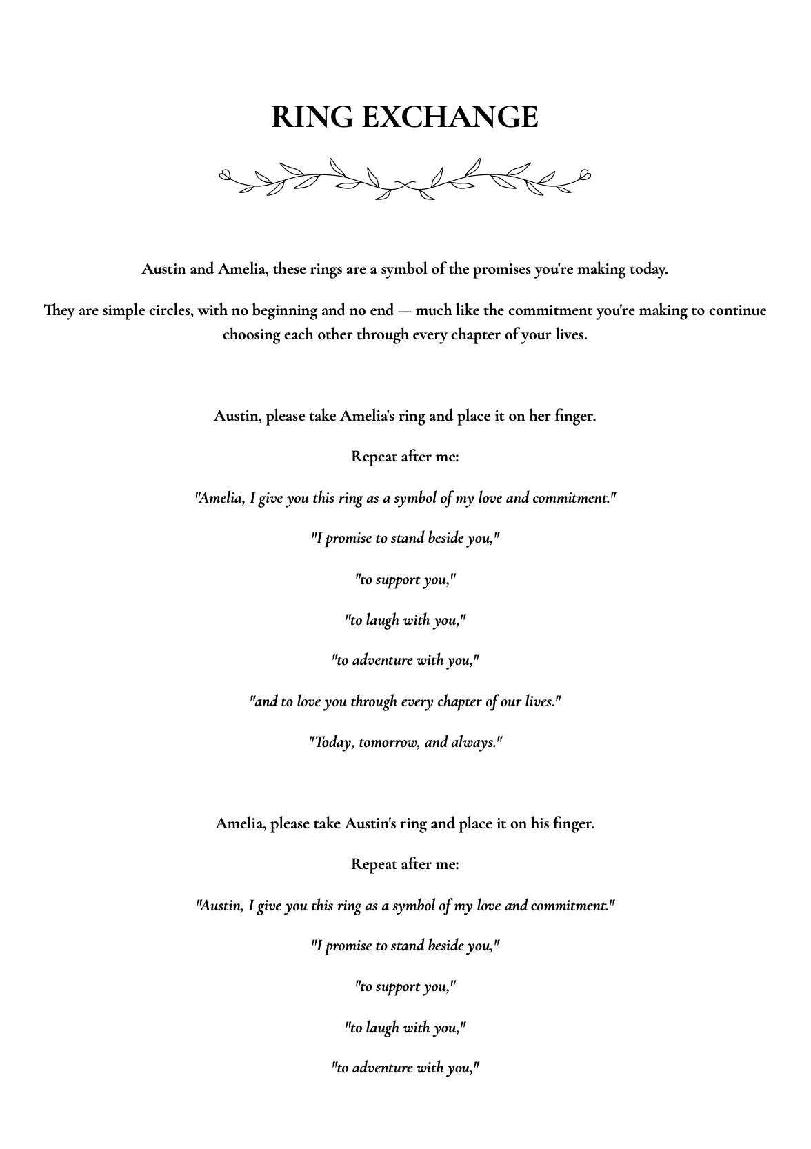 A document titled "Ring Exchange" with heart and leaf illustrations at the top. It contains a romantic vow for two people, Austin and Amelia, involving exchanging rings and sincere promises.