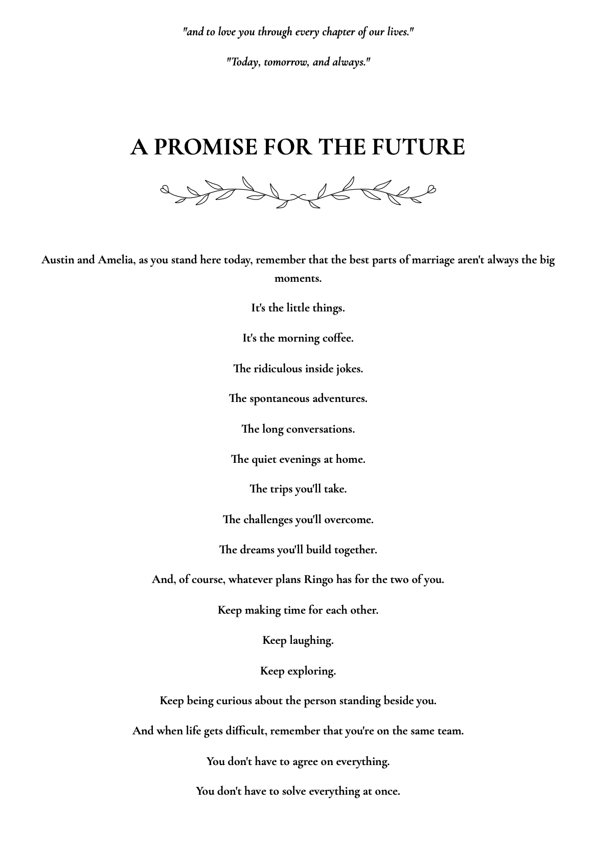 Inspirational wedding poem titled "A Promise for the Future" with quotes at the top and decorative leaf graphic.