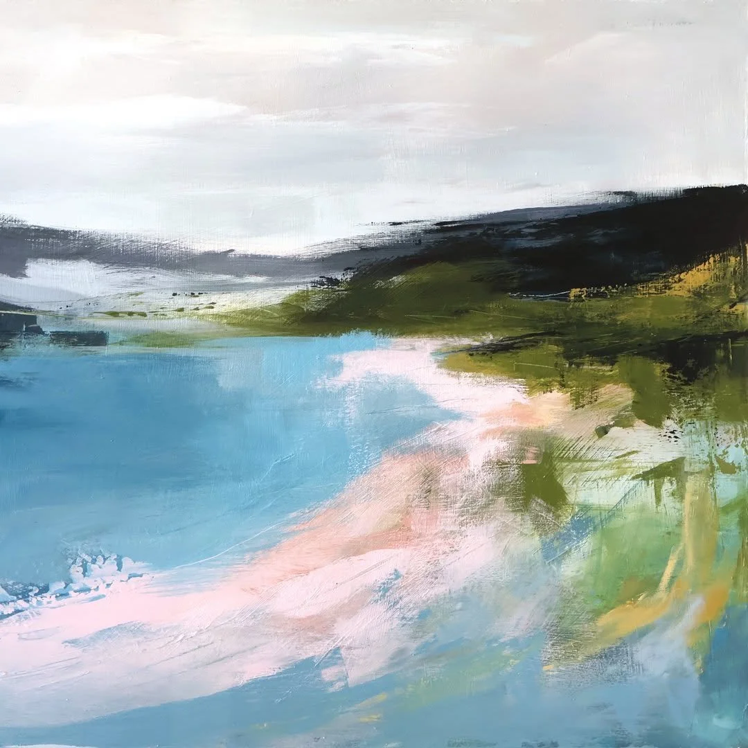 Abstract landscape painting with a lake, green hills, dark clouds, and a light sky.