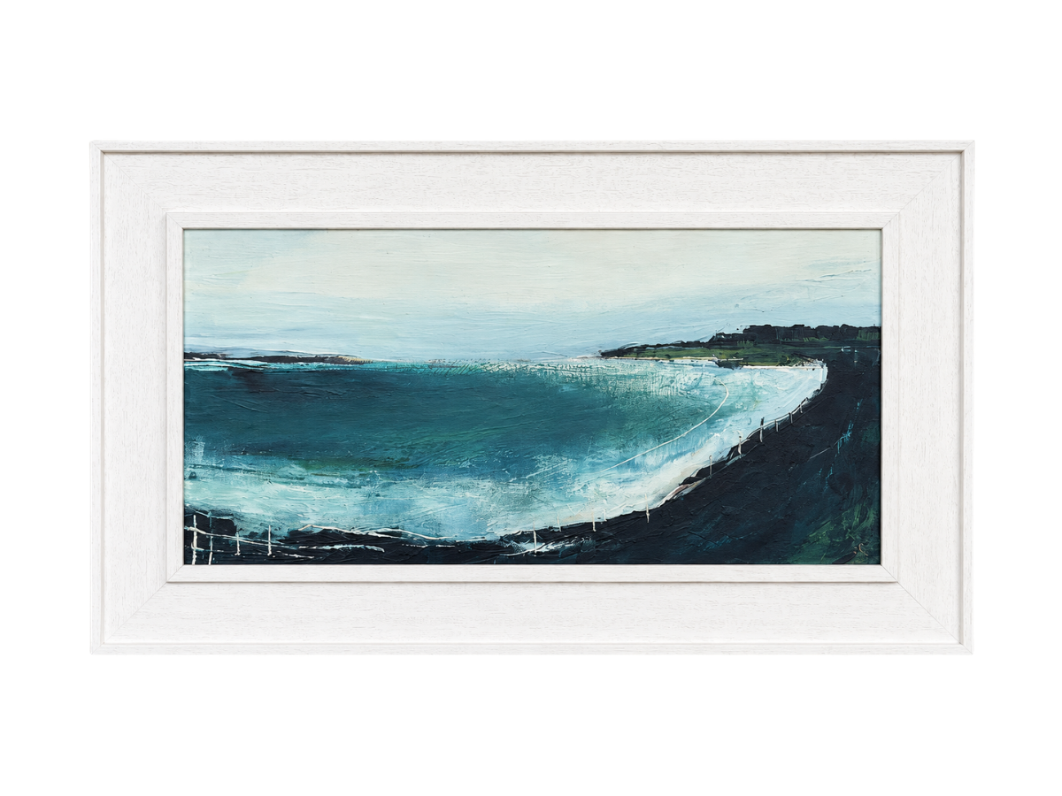 Dark Shore II - £495.

Acrylic on board, framed in a St Ives frame. 

Dimensions: 

Framed 64×39cm 

Image 50×25cm