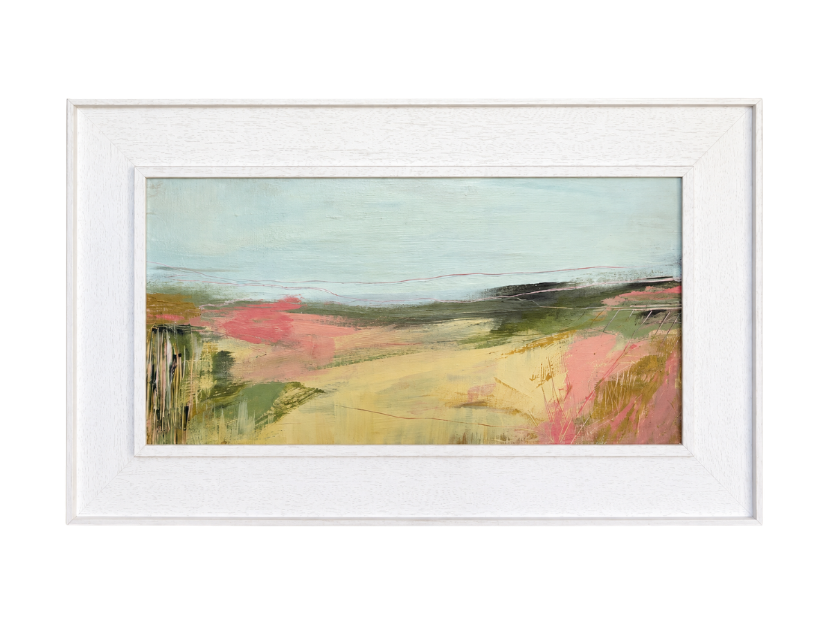 Light Across Fields III - £495. 

Acrylic on board, framed in a St Ives frame. 

Dimensions: 

Framed 64×39cm 

Image 50×25cm