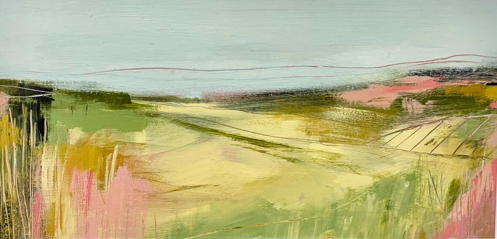 Abstract landscape painting with soft pastel colors including green, pink, yellow, and light blue, featuring brushstrokes that suggest fields, sky, and distant horizon.