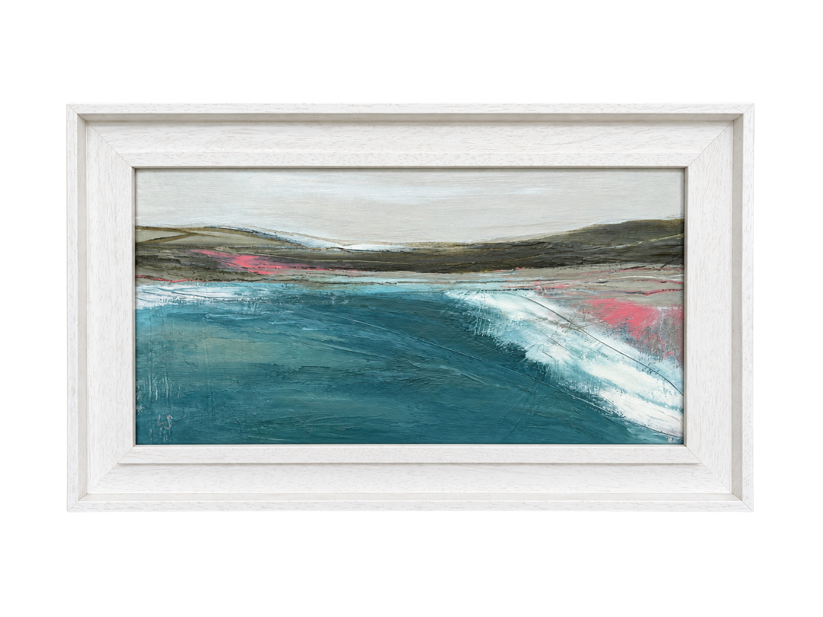 Silver Shore III - £425. 

Acrylic on canvas board, framed in a St Ives frame. 

Dimensions: 

Framed 49×29cm 

Image 40×20cm