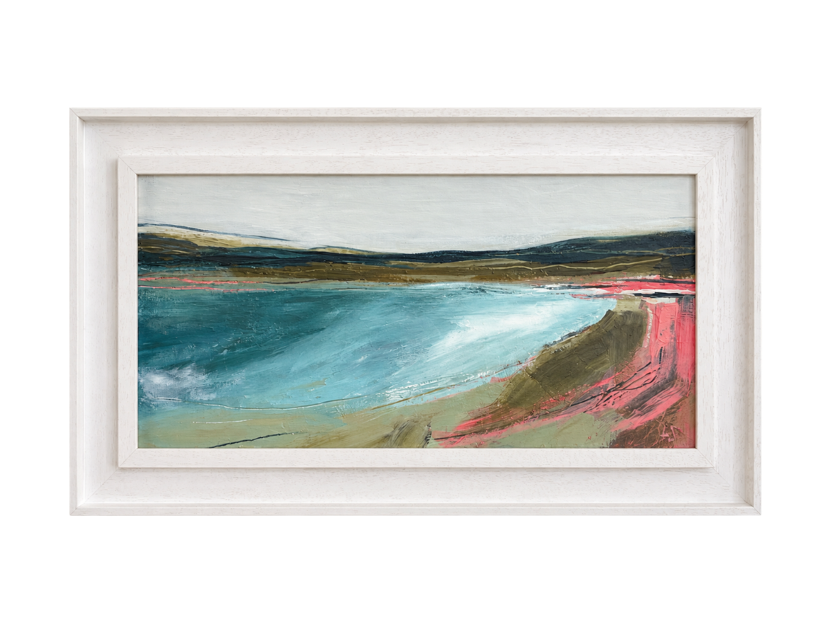 Silver Shore II - £425. 

Acrylic on canvas board, framed in a St Ives frame. 

Dimensions: 

Framed 49×29cm 

Image 40×20cm