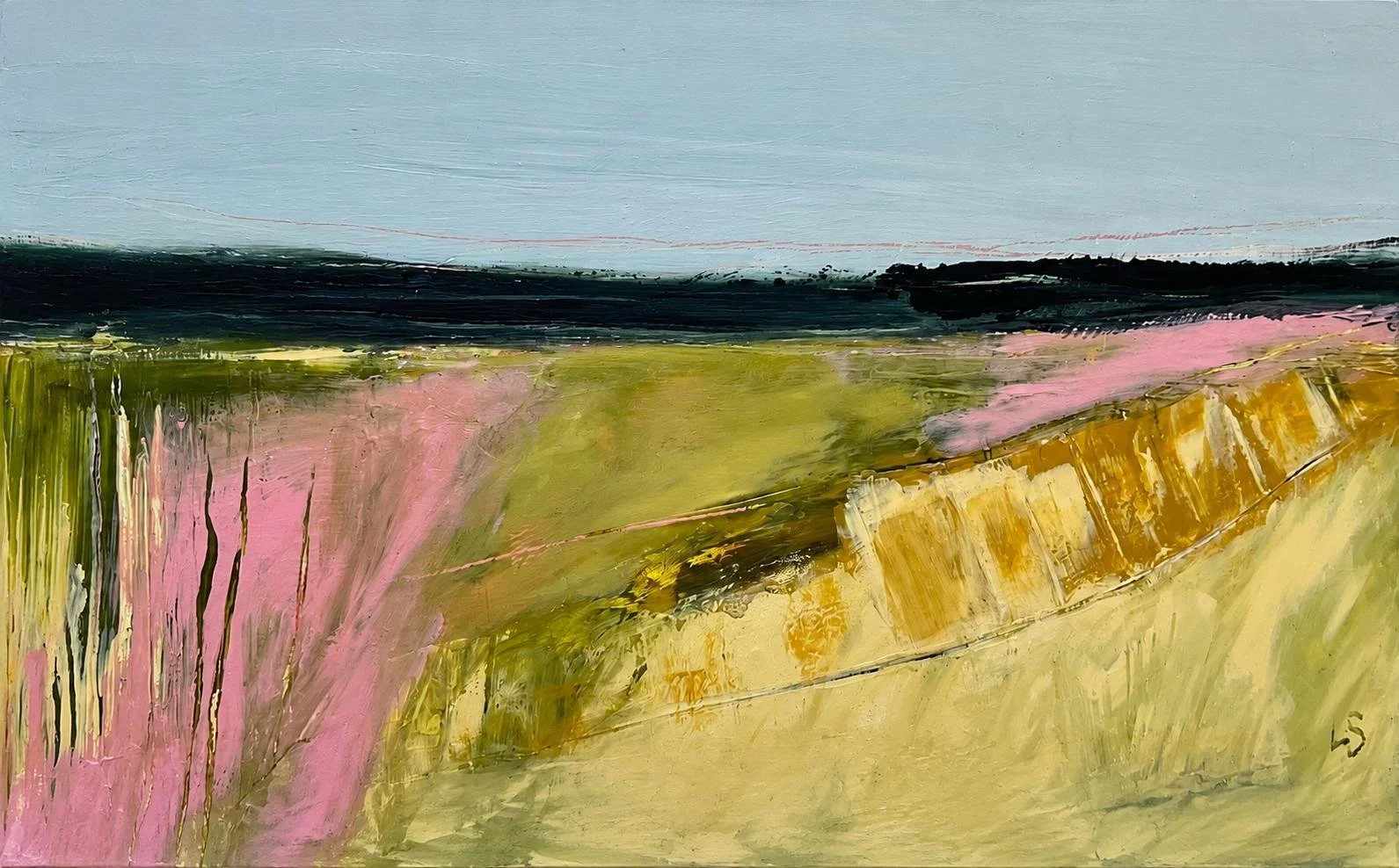 An abstract landscape painting with a light blue sky, dark horizon, and colorful fields in pink, green, and yellow with textured brushstrokes.