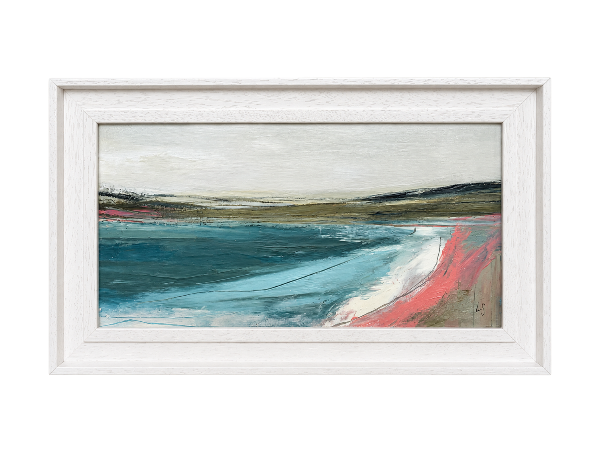 Silver Shore IV - £425. 

Acrylic on canvas board, framed in a St Ives frame. 

Dimensions: 

Framed 49×29cm 

Image 40×20cm