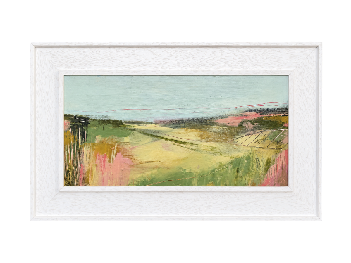 Light Across Fields IV - £495. 

Acrylic on board, framed in a St Ives frame. 

Dimensions: 

Framed 64×39cm 

Image 50×25cm