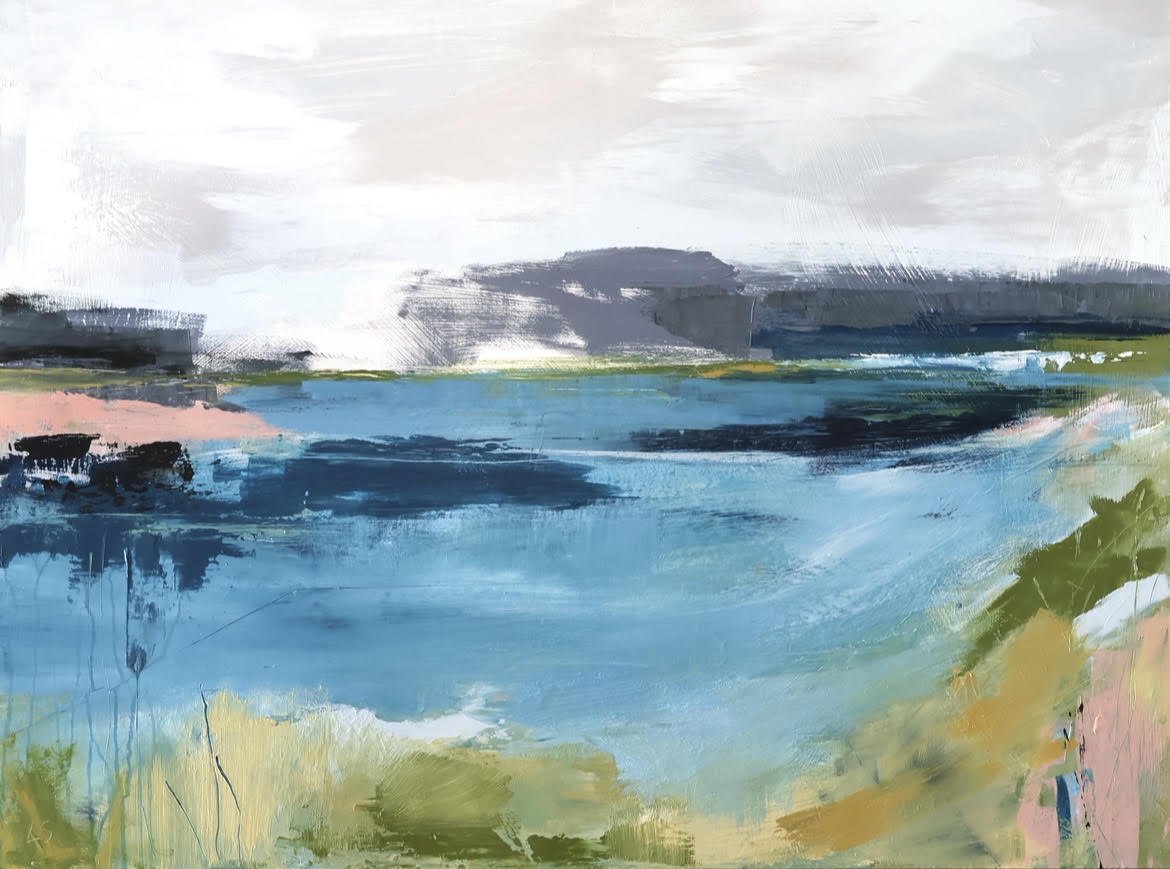 Abstract landscape painting of a body of water with distant mountains or landforms under a light sky, using broad brushstrokes in shades of blue, green, gray, and pink.