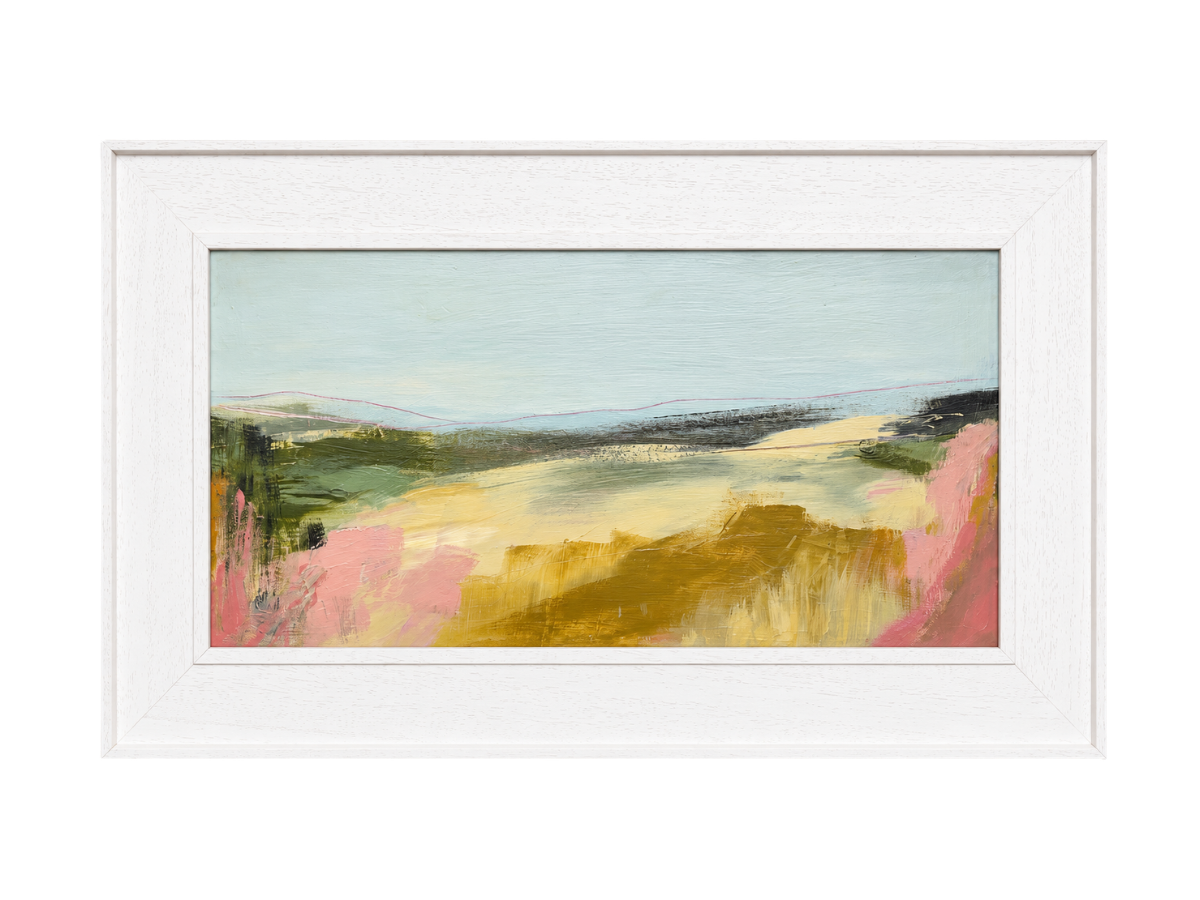 Light Across Fields I - £495. 

Acrylic on board, framed in a St Ives frame. 

Dimensions: 

Framed 64×39cm 

Image 50×25cm