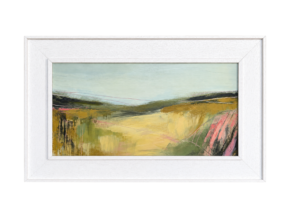 Light Across Fields II - £495. 

Acrylic on board, framed in a St Ives frame. 

Dimensions: 

Framed 64×39cm 

Image 50×25cm