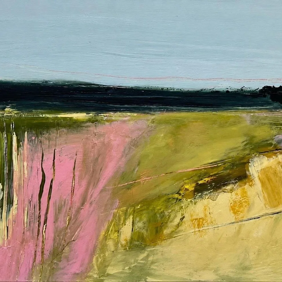 Abstract landscape painting with blue sky, black horizon line, green fields, pink blooming trees, and yellow ending fields.