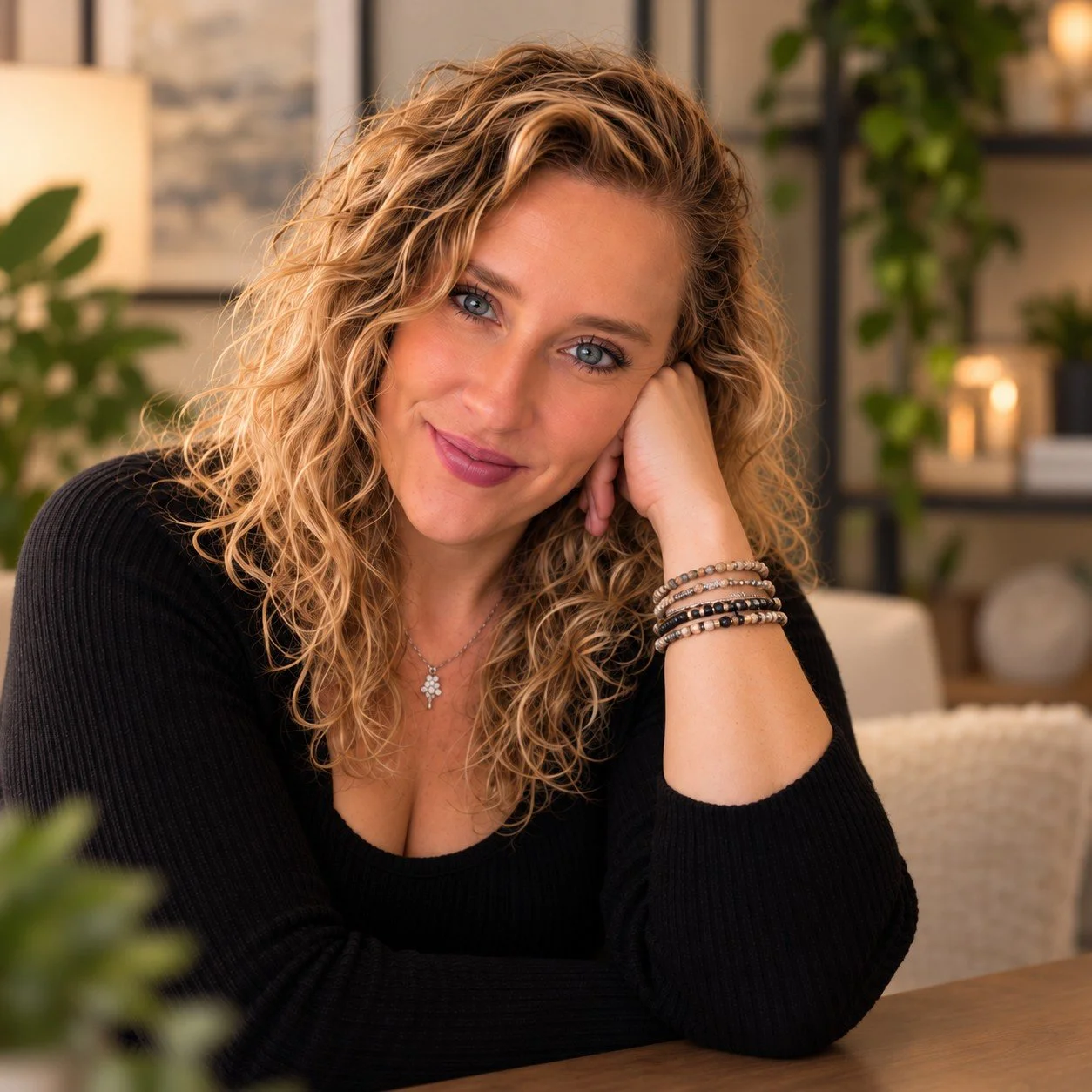 A woman with curly blonde hair and blue eyes smiling at the camera, resting her head on her hand, sitting indoors with a warm, cozy background.