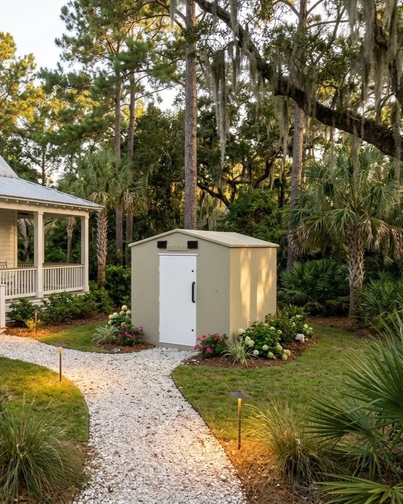 Small beige shed with a white door and black handle in a garden, surrounded by flowering plants and trees, with a white gravel pathway and outdoor lighting.