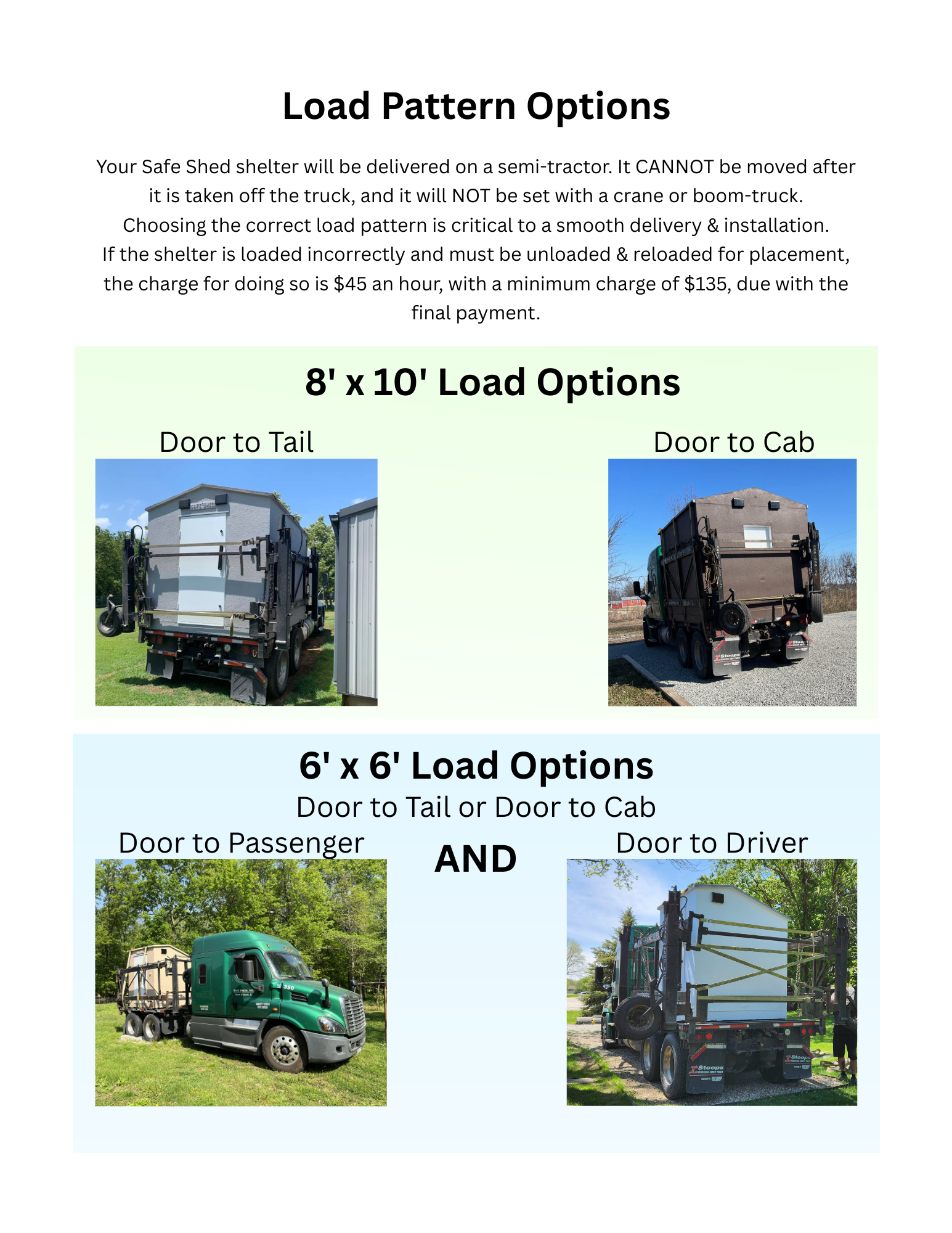Four pictures of semi trucks with storm shelters loaded over the back axles of the trucks.
