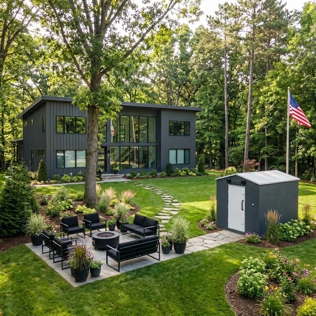 Modern dark gray house with large glass windows and a landscaped front yard with a patio, black outdoor furniture, potted plants, a small storage shed, and an American flag on a flagpole surrounded by lush green trees.