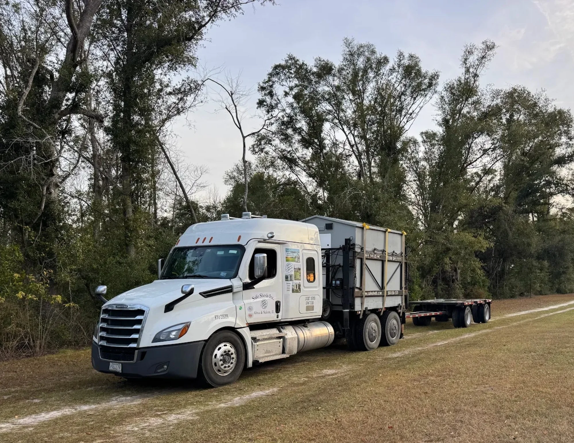 White semi-truck with a flatbed trailer parked on a grassy field. In the background, there is a row of tall trees with some sparse branches and a shelter with a gray roof. The sky appears overcast.