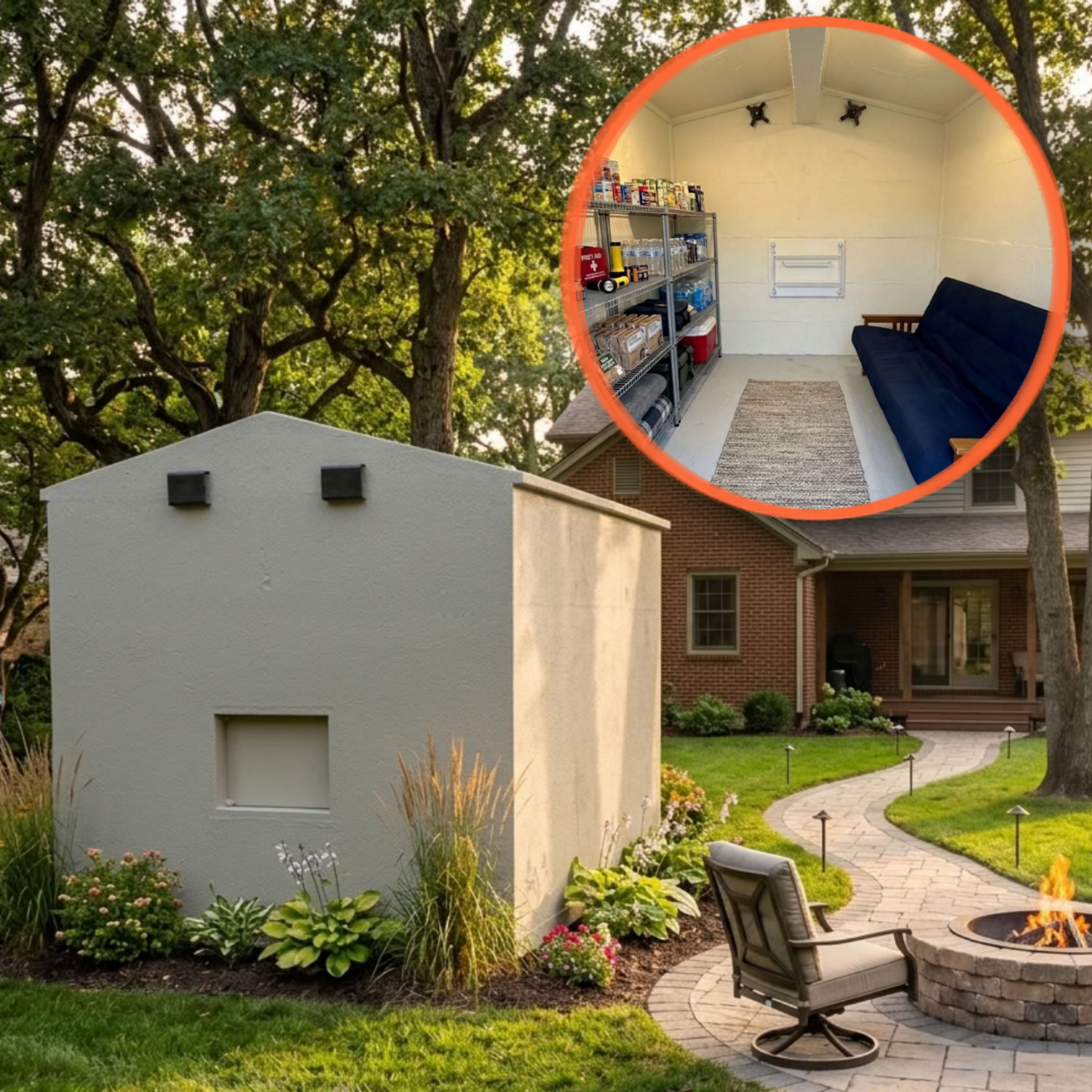 The image features a residential backyard with a brick house, a curved stone patio, a fire pit, lawn chairs, and garden landscaping, along with a detached small white structure and a green space with mature trees.