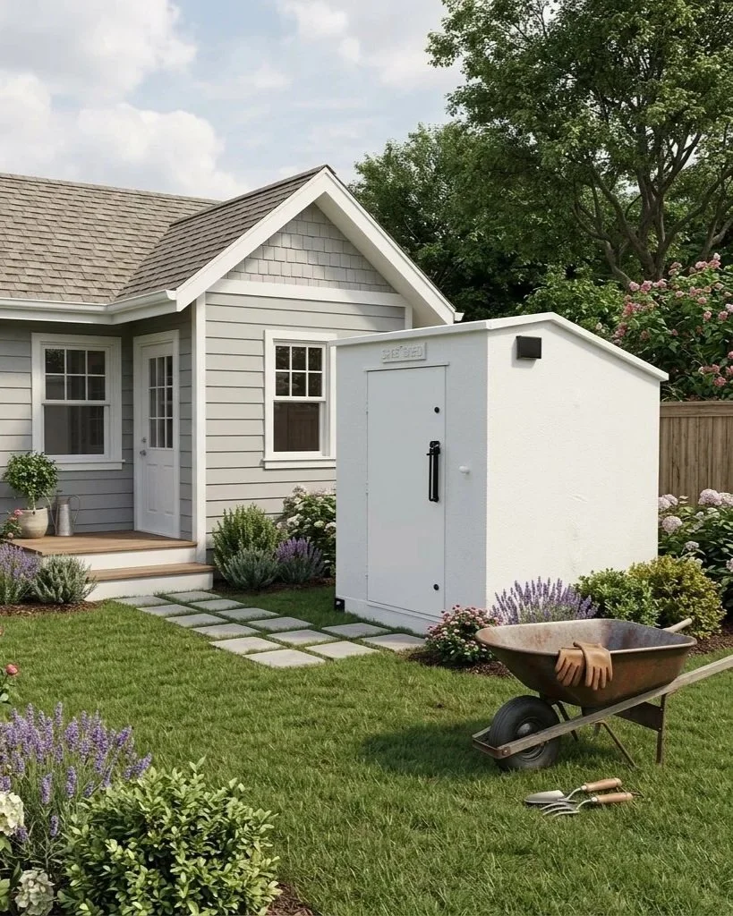 A garden shed, a wheelbarrow with gardening gloves inside, and gardening tools on the grass with a lovely landscaped yard and flowering plants at a residential house.