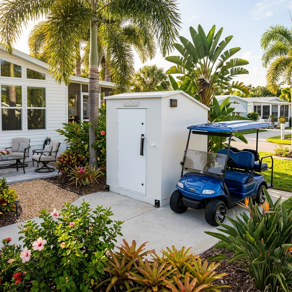A white shed labeled 'Safe Shed" in a lush, tropical garden next to a blue golf cart, with palm trees, flowering plants, and a house in the background.