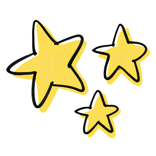 Three yellow stars with black outline, varying in size, floating on a transparent background.