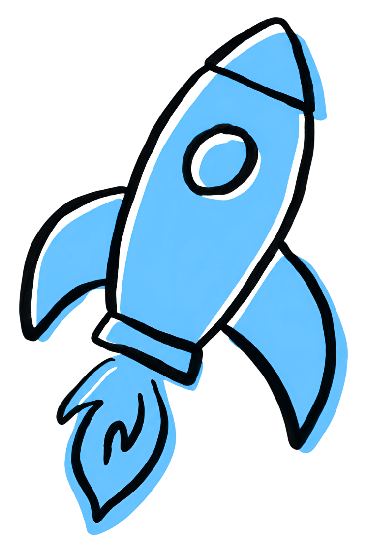 A digital drawing of a cartoon-style blue rocket with black outlines and flames coming out of the engine.