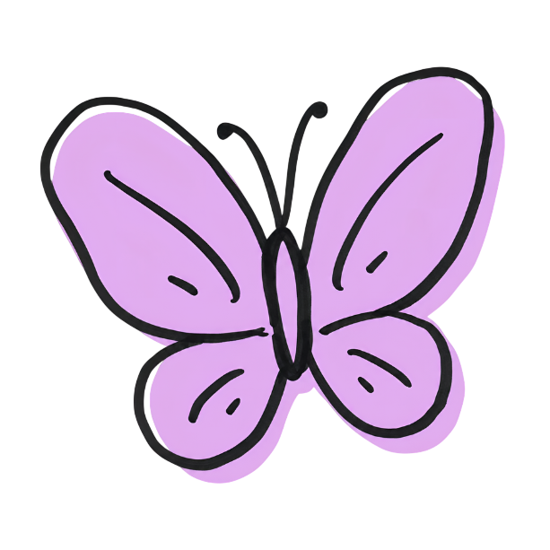 A simple illustration of a purple butterfly with black outline details.