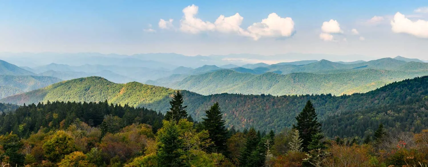 Scenic view of multiple mountain ranges covered with green trees, under a partly cloudy sky.