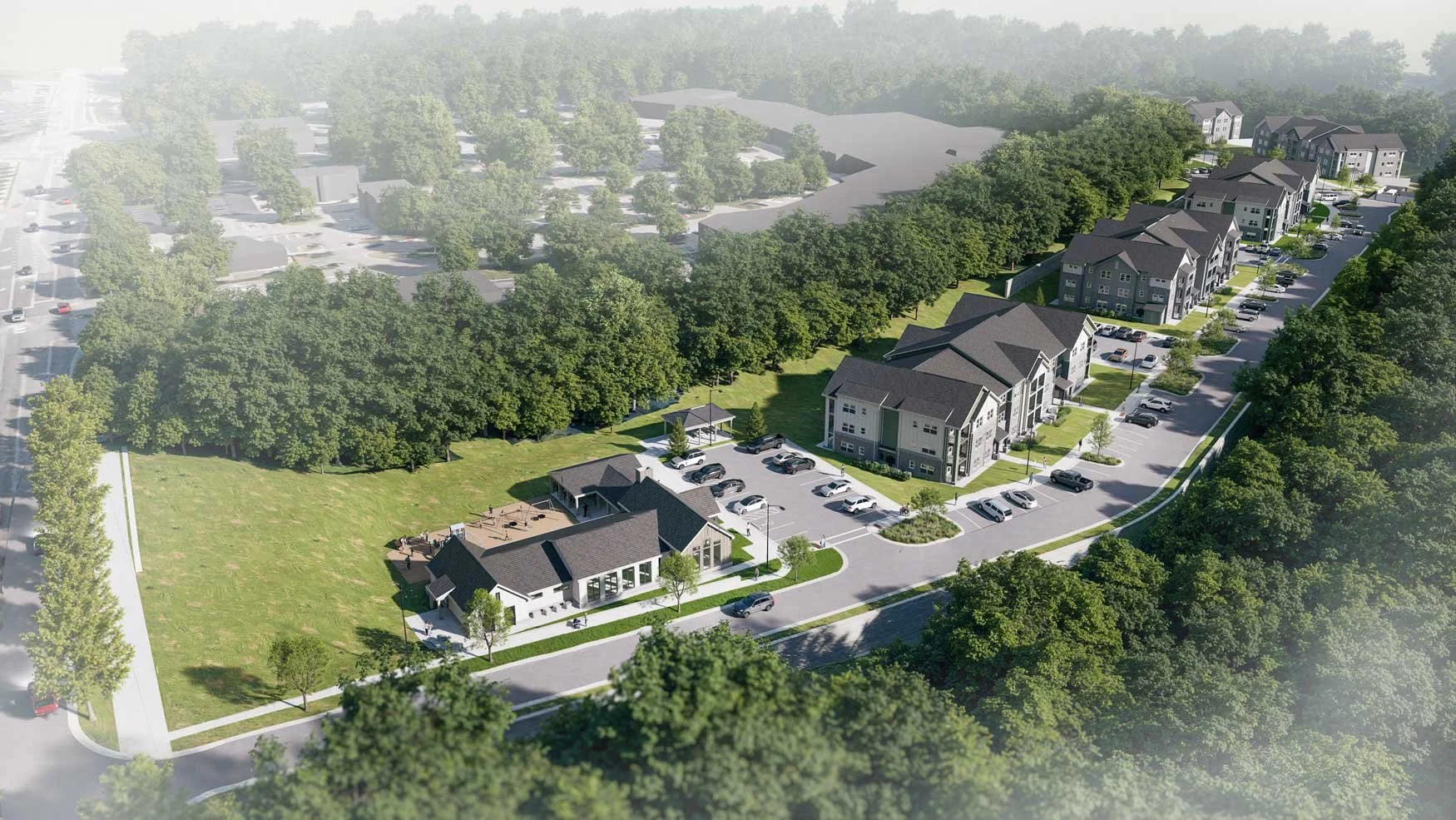 Barton Oaks aerial rendering of affordable apartments in Raleigh, NC