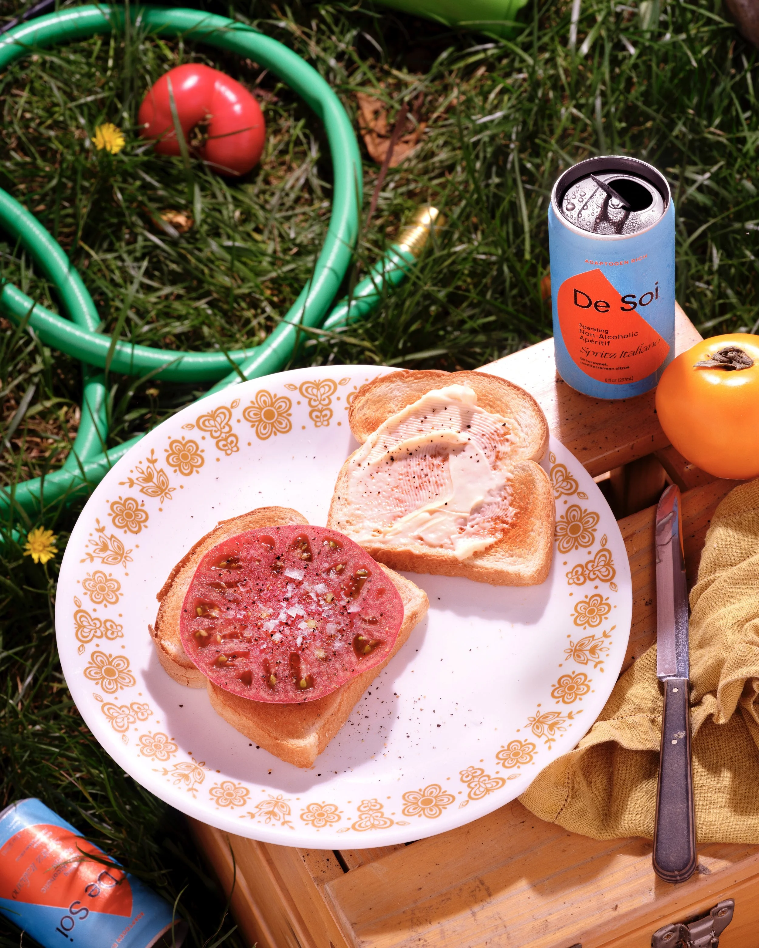 A plate of open-faced sandwiches with sliced tomato, cheese, and turkey, set on a wooden table outdoors. A can of sparkling water, a tomato, and a yellow cloth are also visible, with grass and a garden hose in the background. Food Styling.