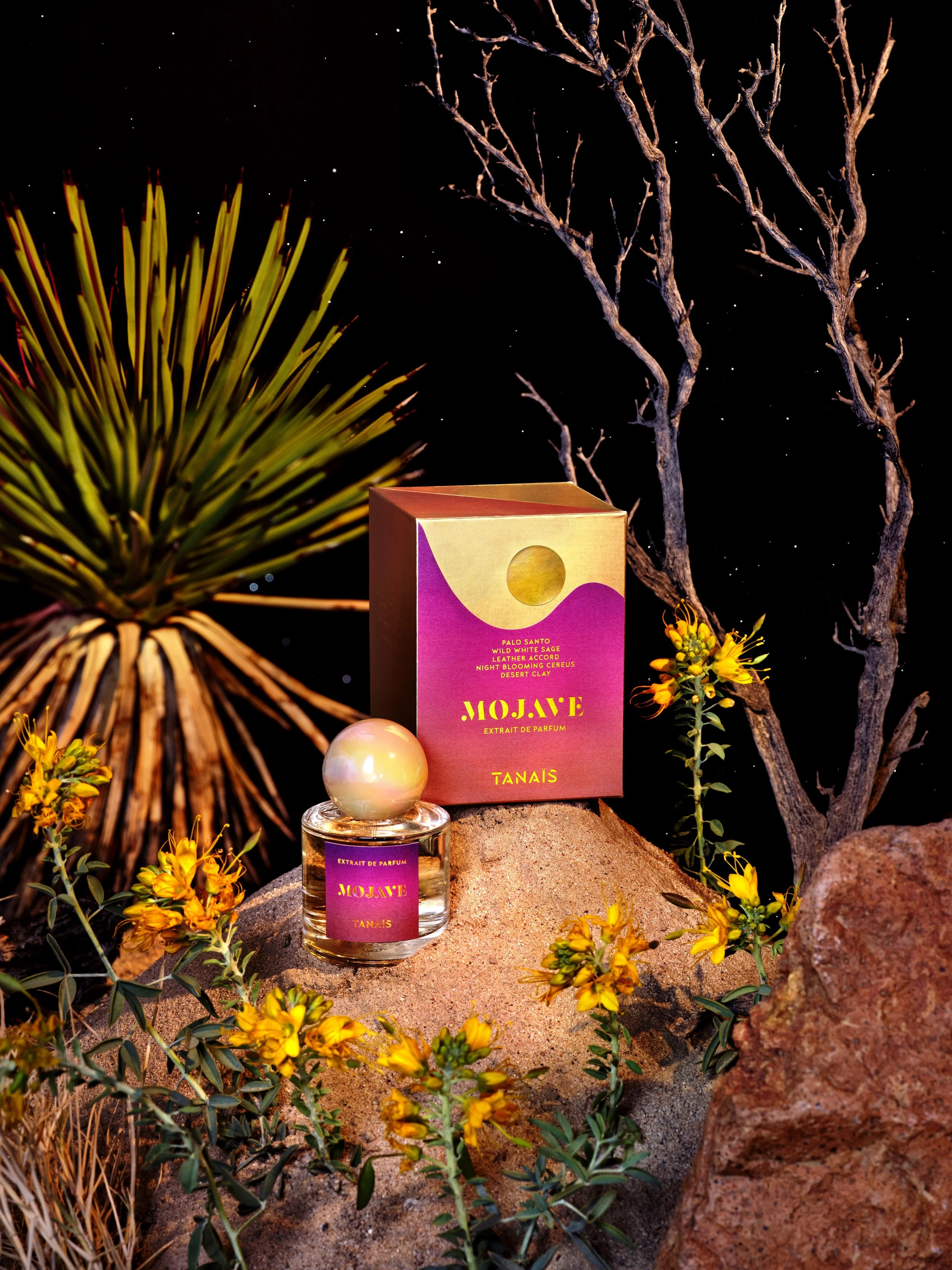 A bottle of Mojave perfume and its packaging among desert plants and rocks, with a dark starry sky background.