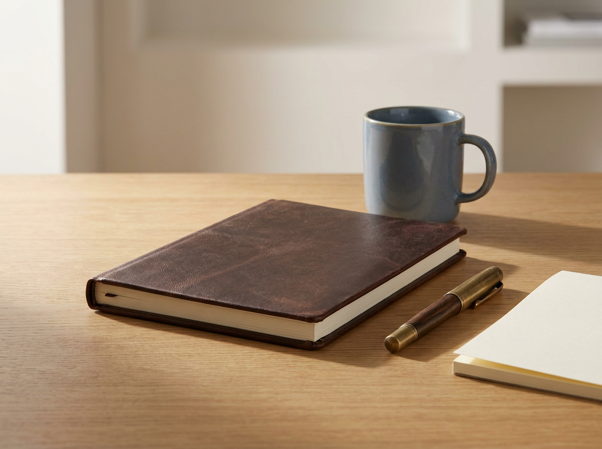 A wooden desk with a closed leather-bound notebook, a brass and wood pen, a blue ceramic mug, and a blank notepad, with a white background.