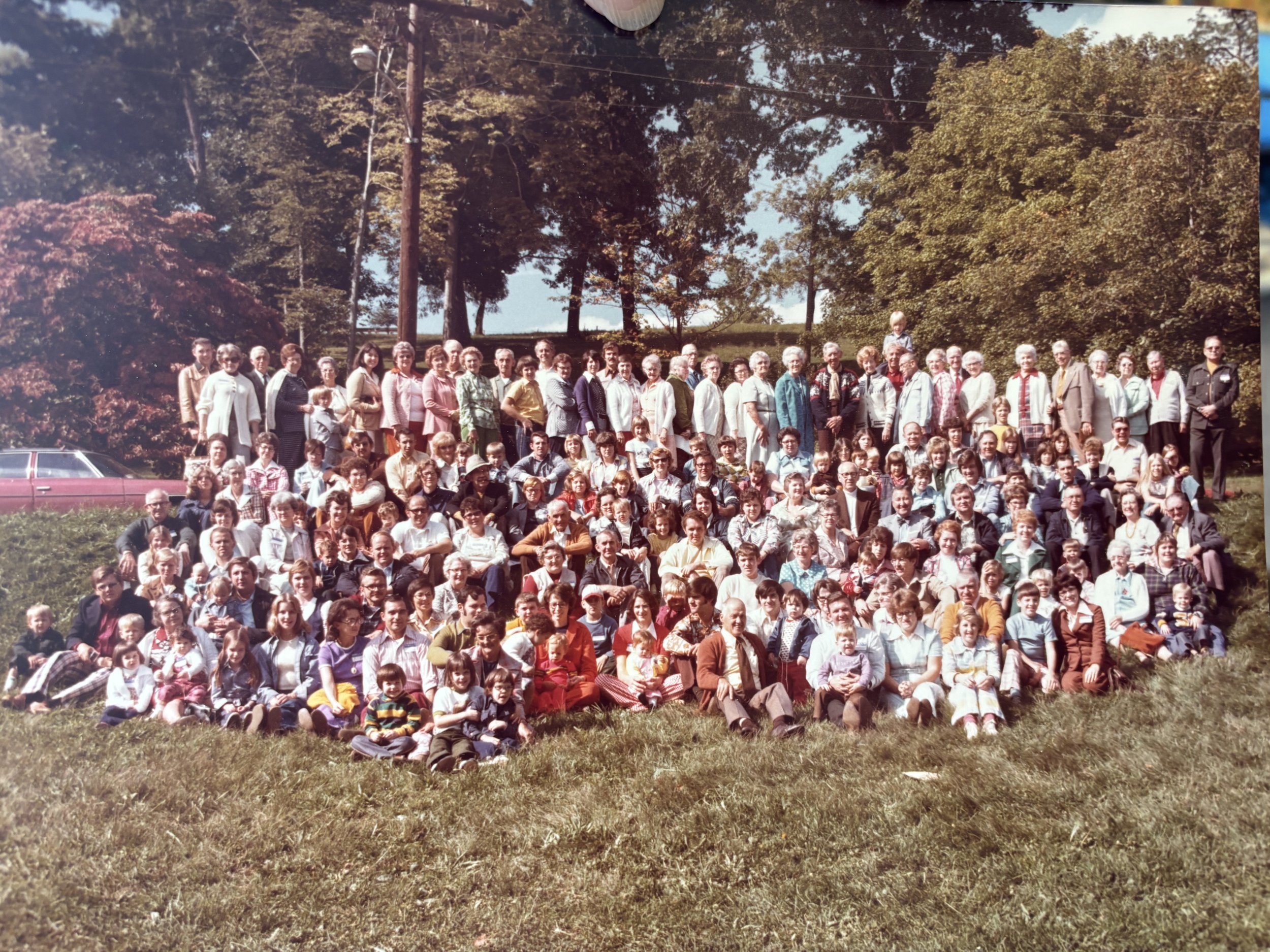 Vintage group photo of an outdoor family reunion