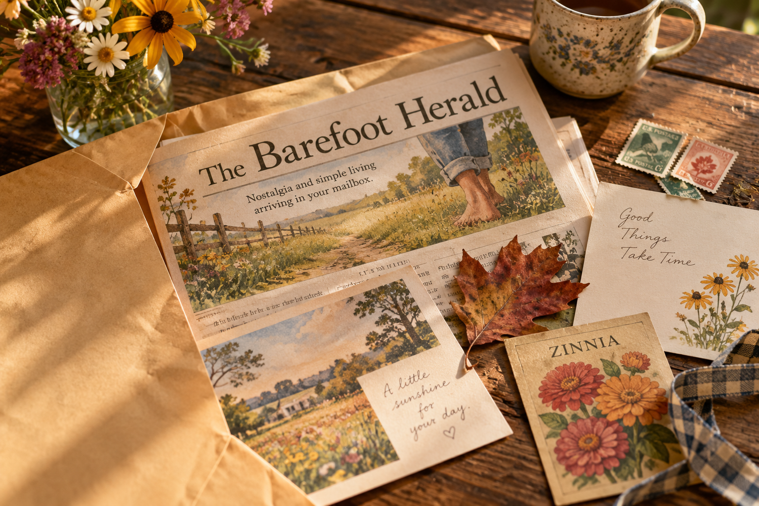 The Barefoot Herald newsletter displayed with flowers, coffee, and seasonal keepsakes