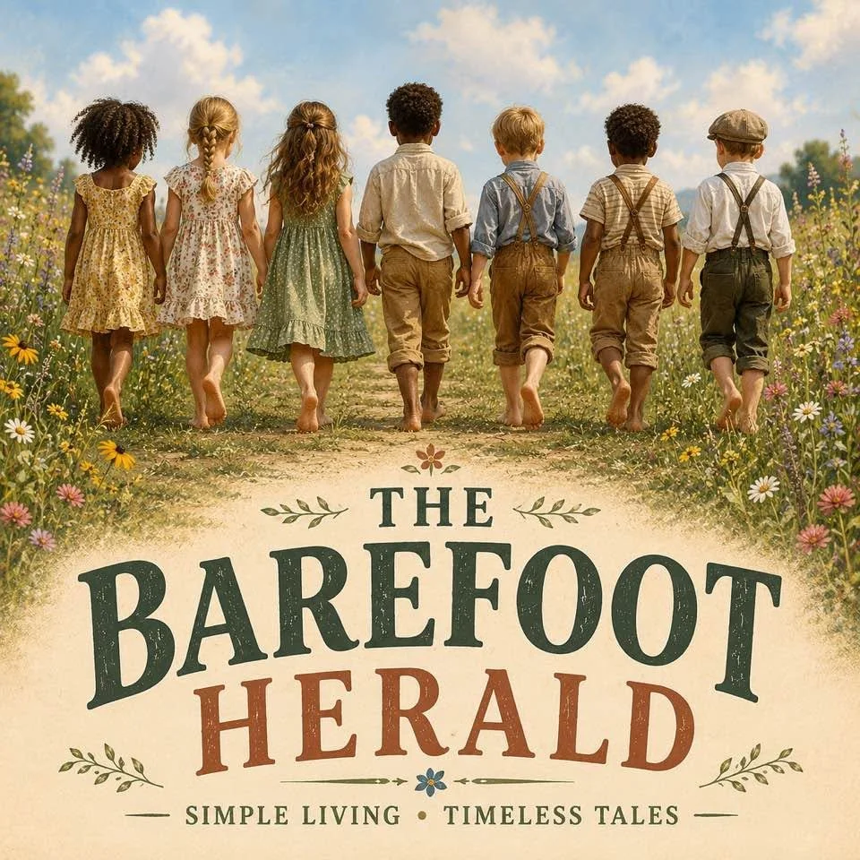 Children walking barefoot through a wildflower meadow