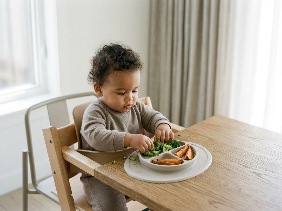 A toddler eating vegetables and chicken fingers at a wooden table in a high chair.