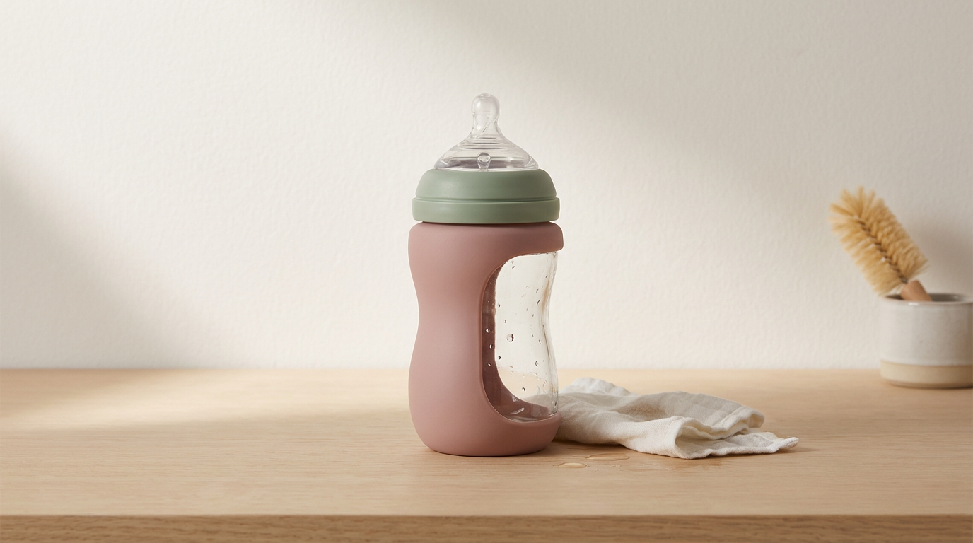 A baby bottle with a pink body and a transparent middle section, placed on a wooden surface, with a cloth underneath. In the background, there is a white cup with a brush inside it and a plain light-colored wall.