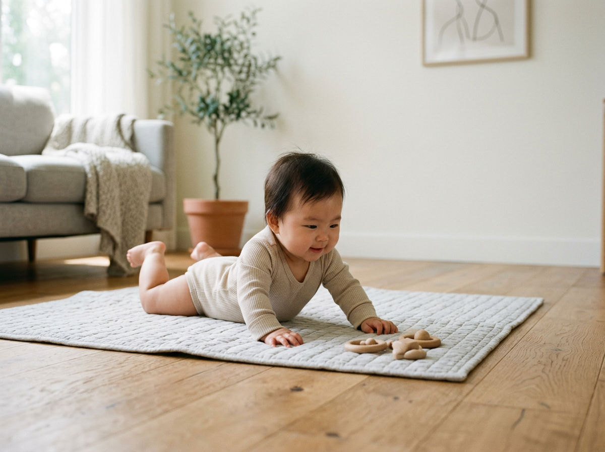A baby crawling on a light-colored rug in a living room with wooden floors, a sofa with a blanket, a potted plant, and wall art in the background.