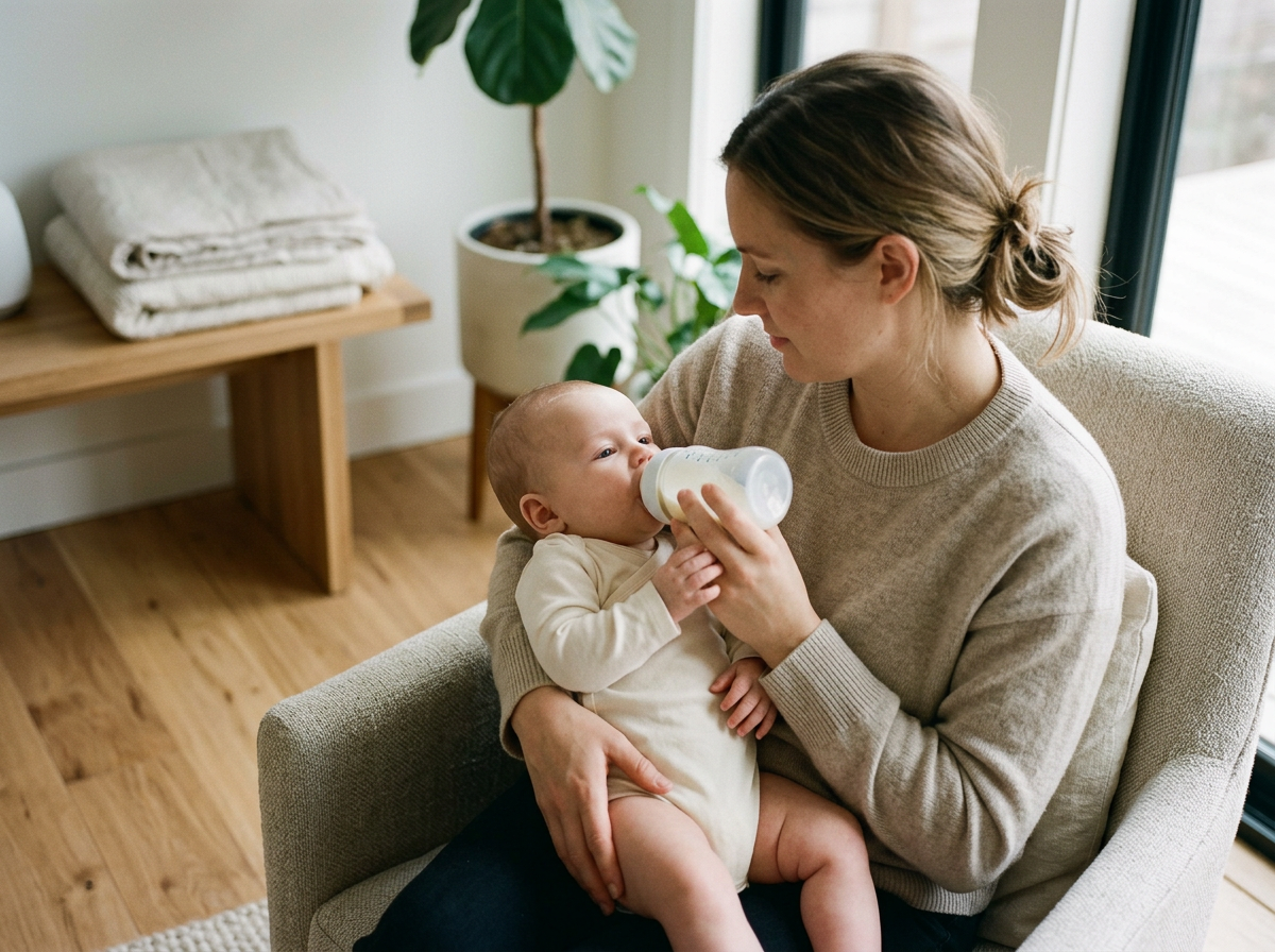 A woman feeding a baby with a bottle while sitting in a beige armchair in a living room near a window.