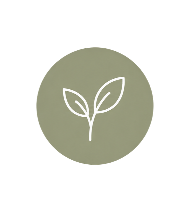 Line drawing of a small plant with two leaves inside a gray circle.