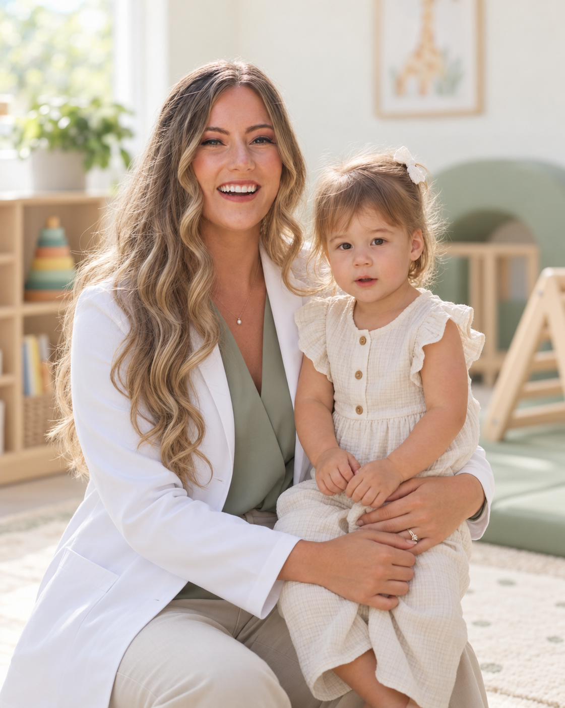 A woman with long wavy hair smiling and a young girl with a bow in her hair sitting on her lap in a brightly lit room with children's toys and decor.