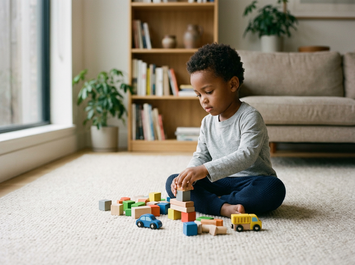 A young boy sitting cross-legged on a cream-colored carpet, building with colorful wooden blocks and toy vehicles, in a living room with a large window, potted plants, a bookshelf, and a beige sofa in the background.