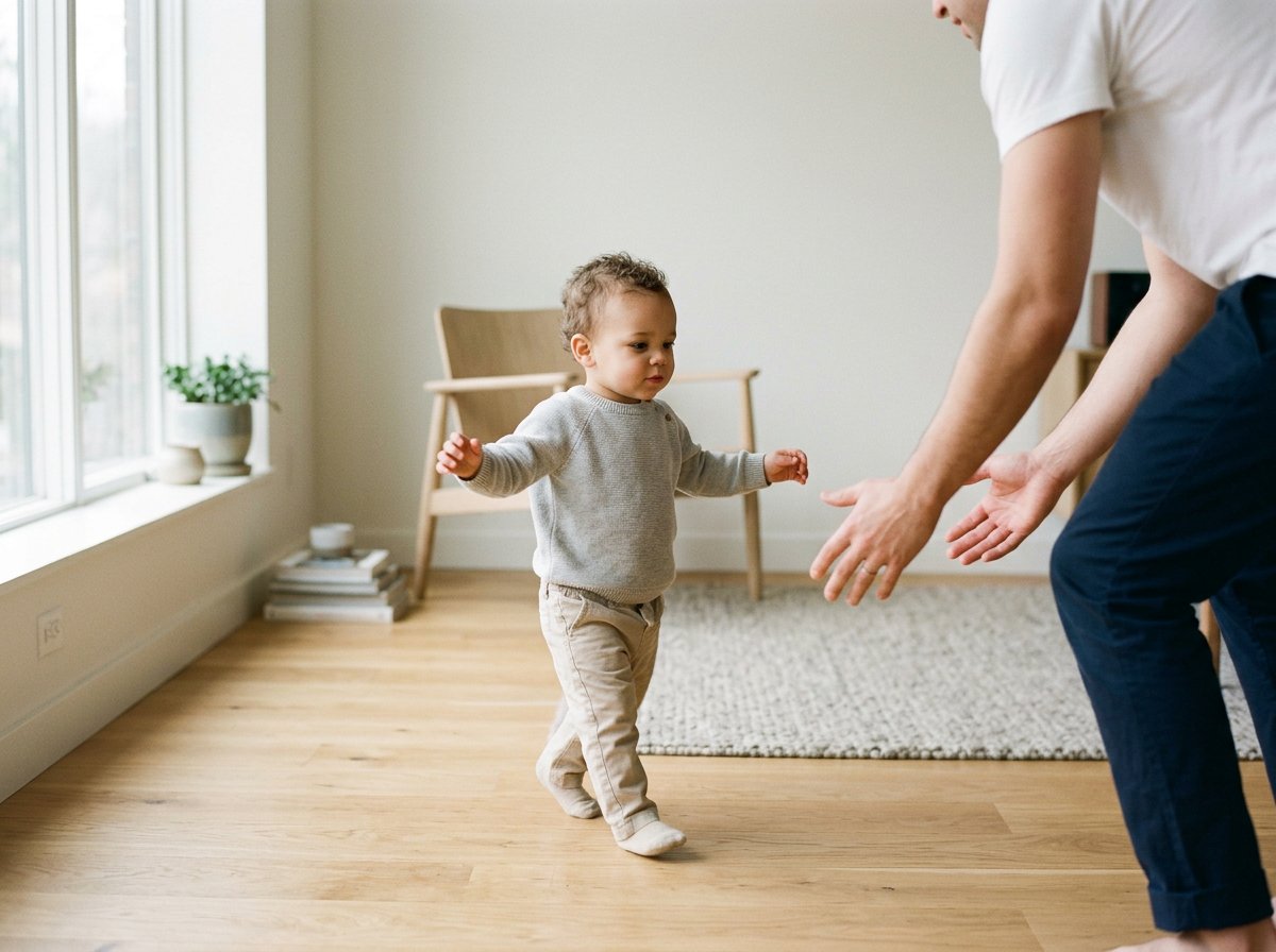 A toddler learning to walk with help from an adult in a bright, minimalist living room with hardwood floors, a potted plant on the windowsill, and a small chair in the background.