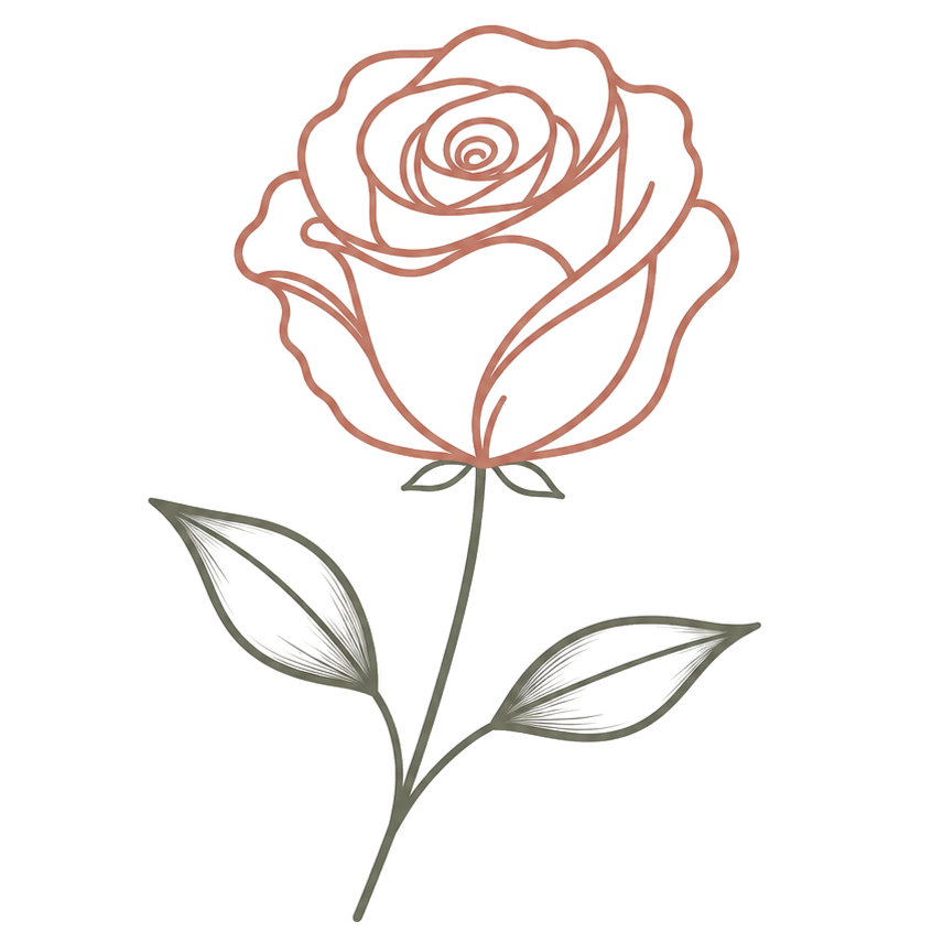 Simple line drawing of a pink rose with green leaves and a stem.