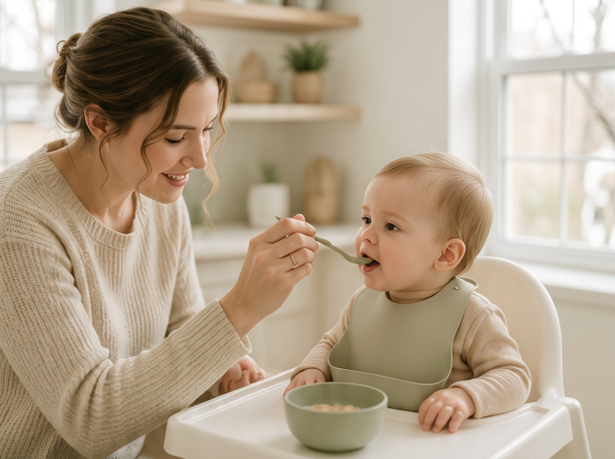 A woman feeding a baby in a high chair in a bright kitchen.