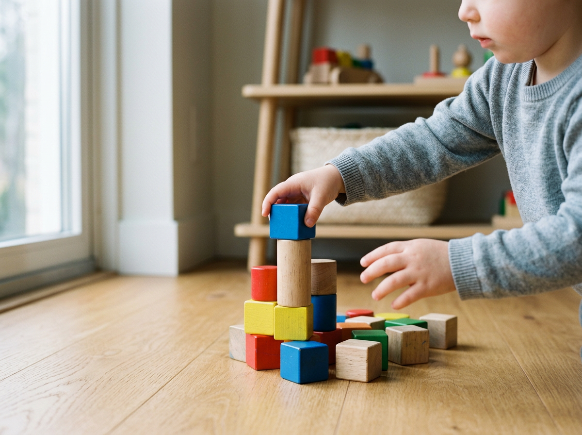 Child stacking colorful wooden blocks on a wooden floor near a sliding glass door.