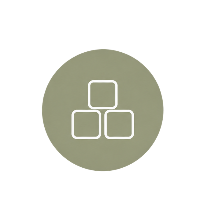 Icon of three interconnected squares arranged in a pyramid shape on a circular background