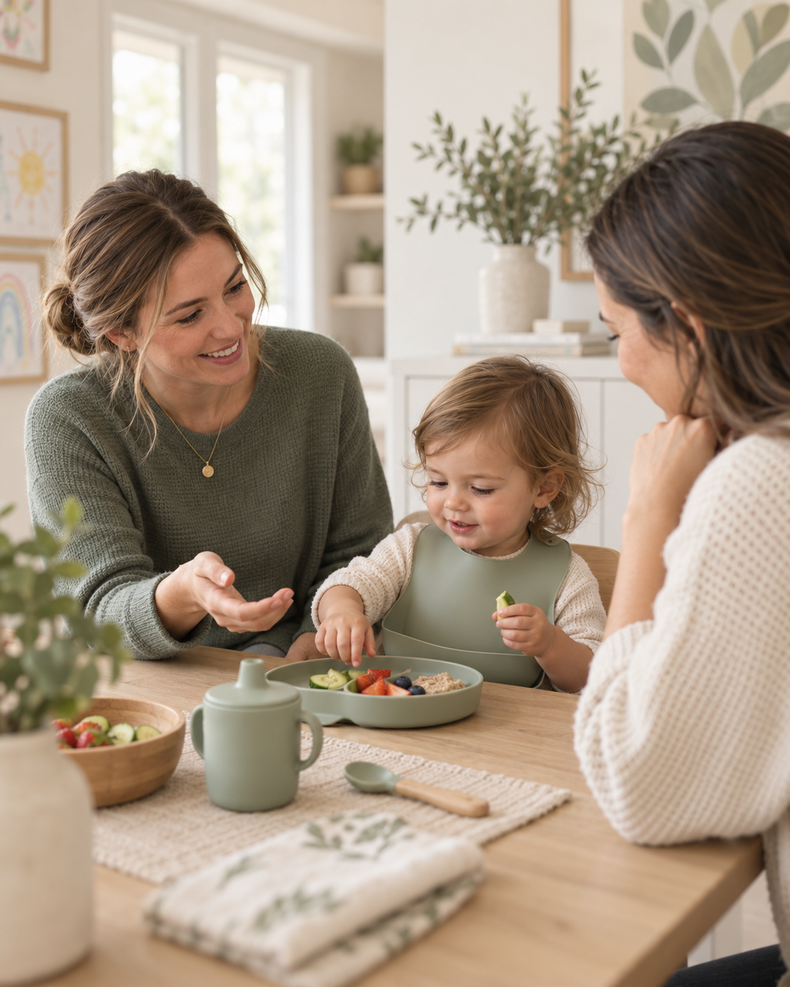 Two women and a young child sharing a meal at a dining table in a bright, cozy kitchen with green and wooden accents.