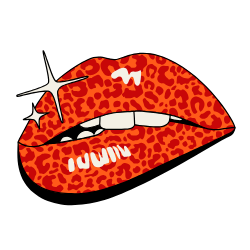 Close-up of red lips with leopard print pattern, shiny with a sparkle highlight.