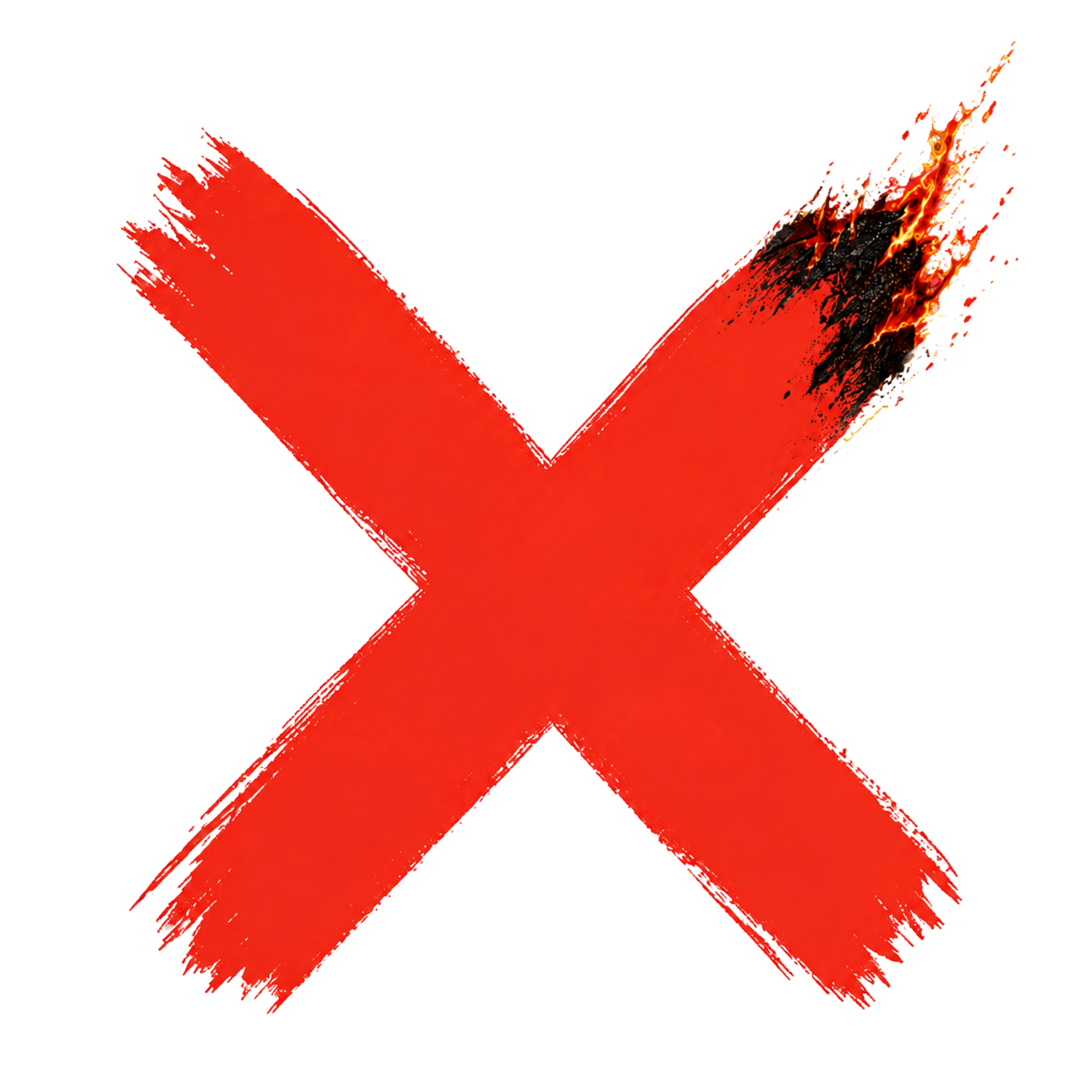 A painted red check mark with black and fiery orange accents on a transparent background.