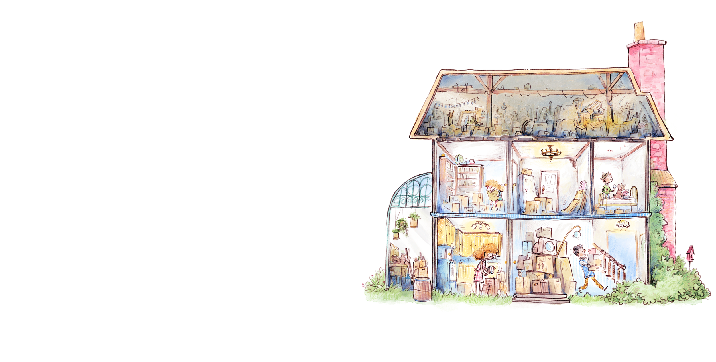 A colorful watercolor illustration of a cross-section of a large, multi-story house filled with various rooms, furniture, and people engaged in different activities, with a green garden outside.
